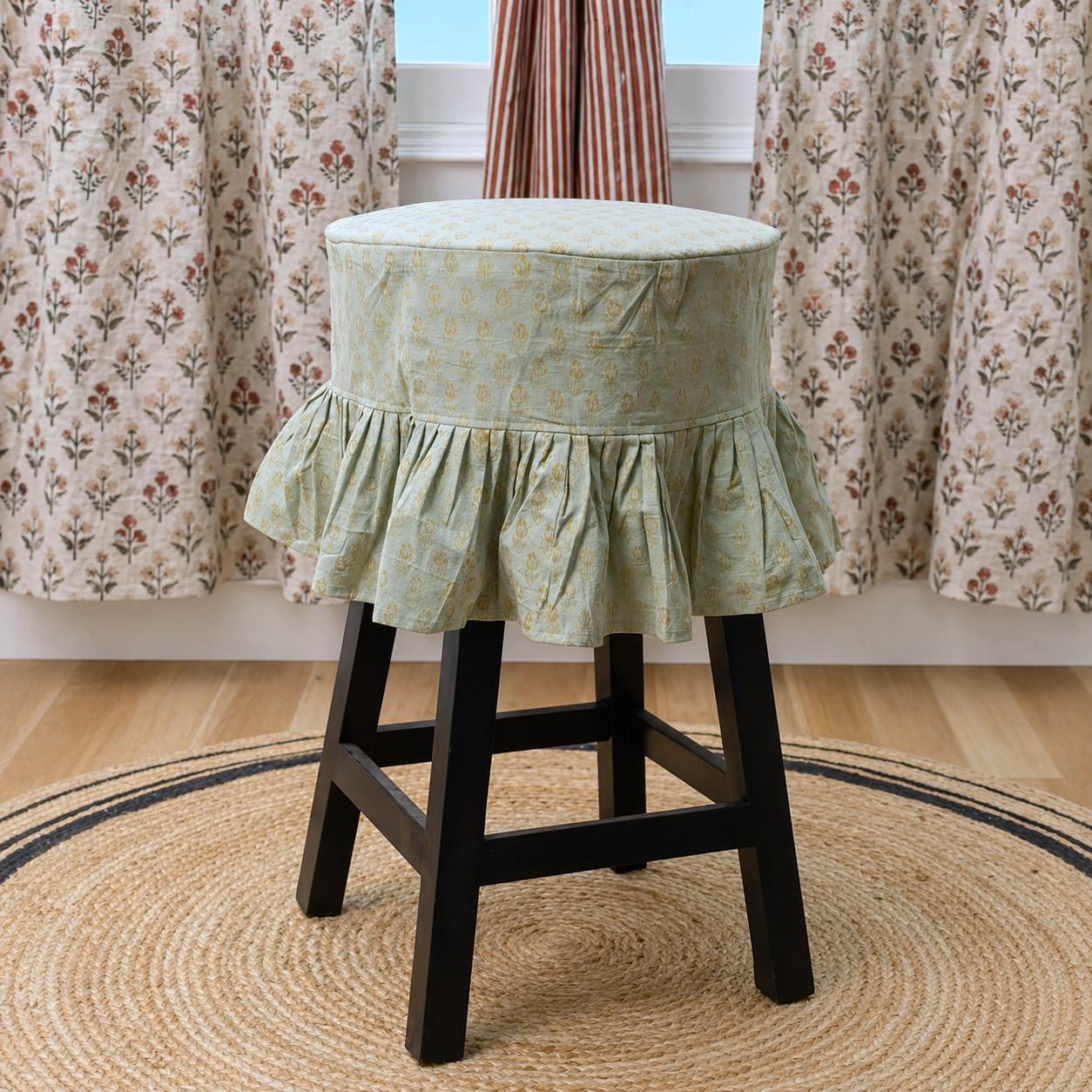 Dusty Green Floral Booti Barstool Slipcover with Ruffles: Cotton Linen Slipcover, Farmhouse Dining Decor