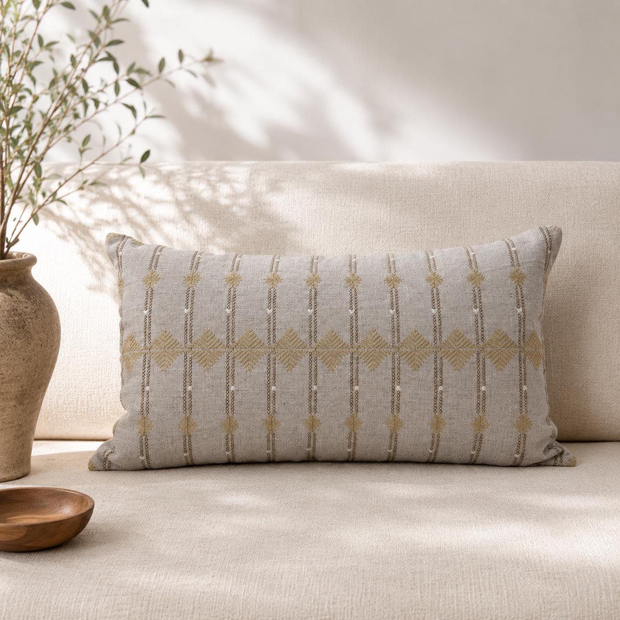 Embroidered Linen Pillow Cover, Beige 18X18" and 14X22" Cover, Handmade Neutral Throw Pillow for Sofa, Bed, Living Room Decor