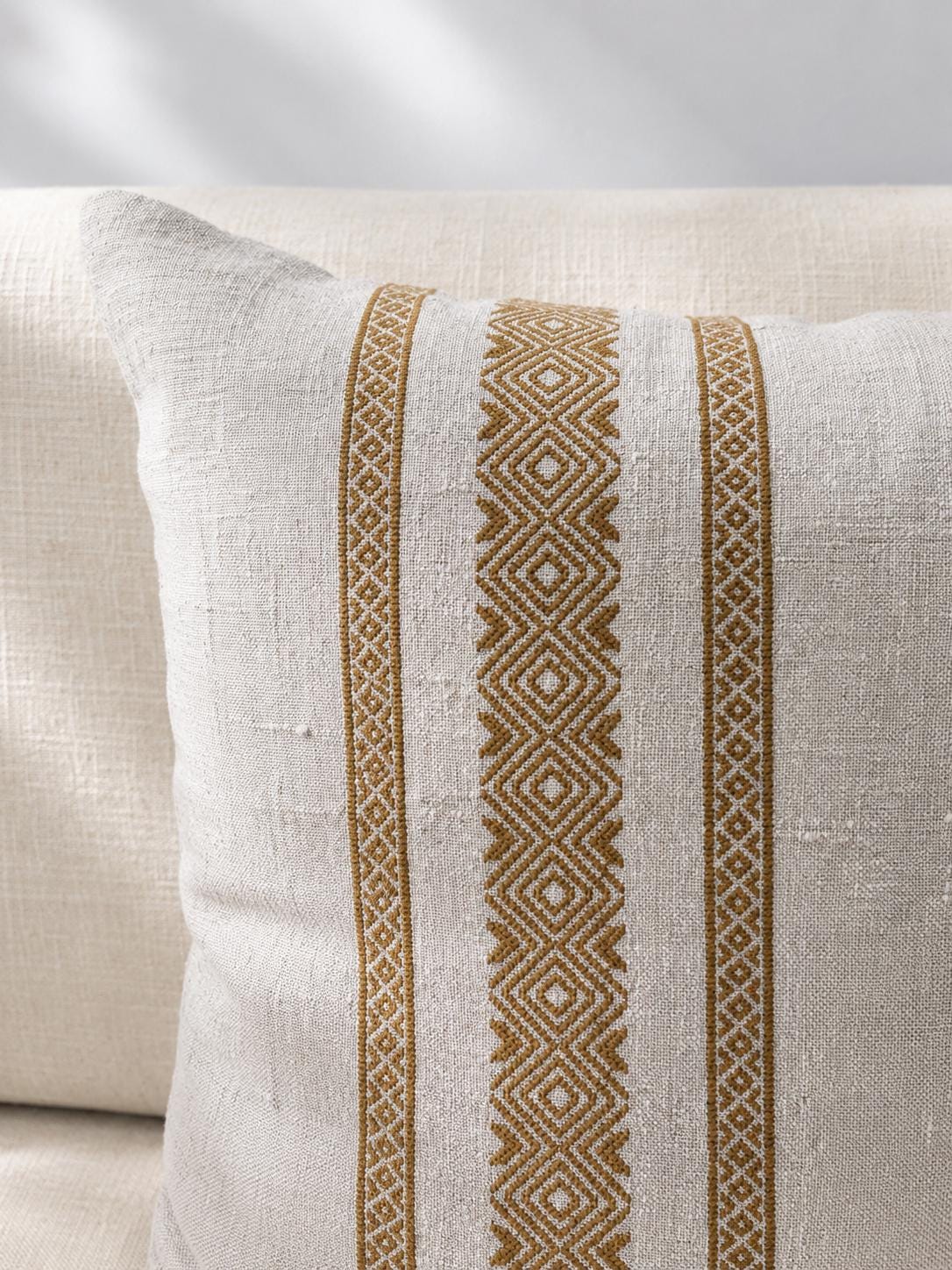 Embroidered Linen Pillow Cover, Beige 18X18" and 14X22" Cover, Handmade Neutral Throw Pillow for Sofa, Bed, Living Room Decor