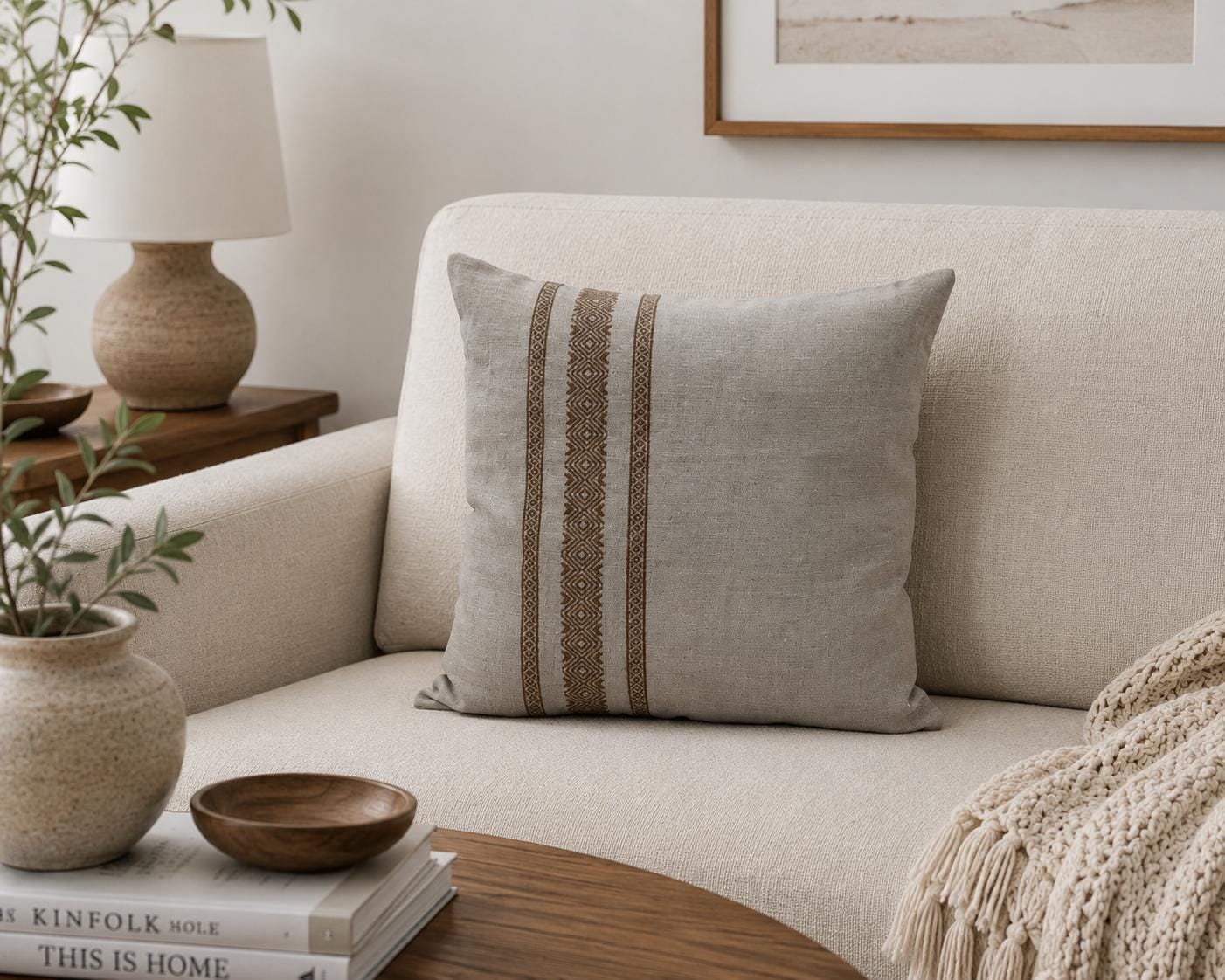 Embroidered Linen Pillow Cover, Beige 18X18" and 14X22" Cover, Handmade Neutral Throw Pillow for Sofa, Bed, Living Room Decor