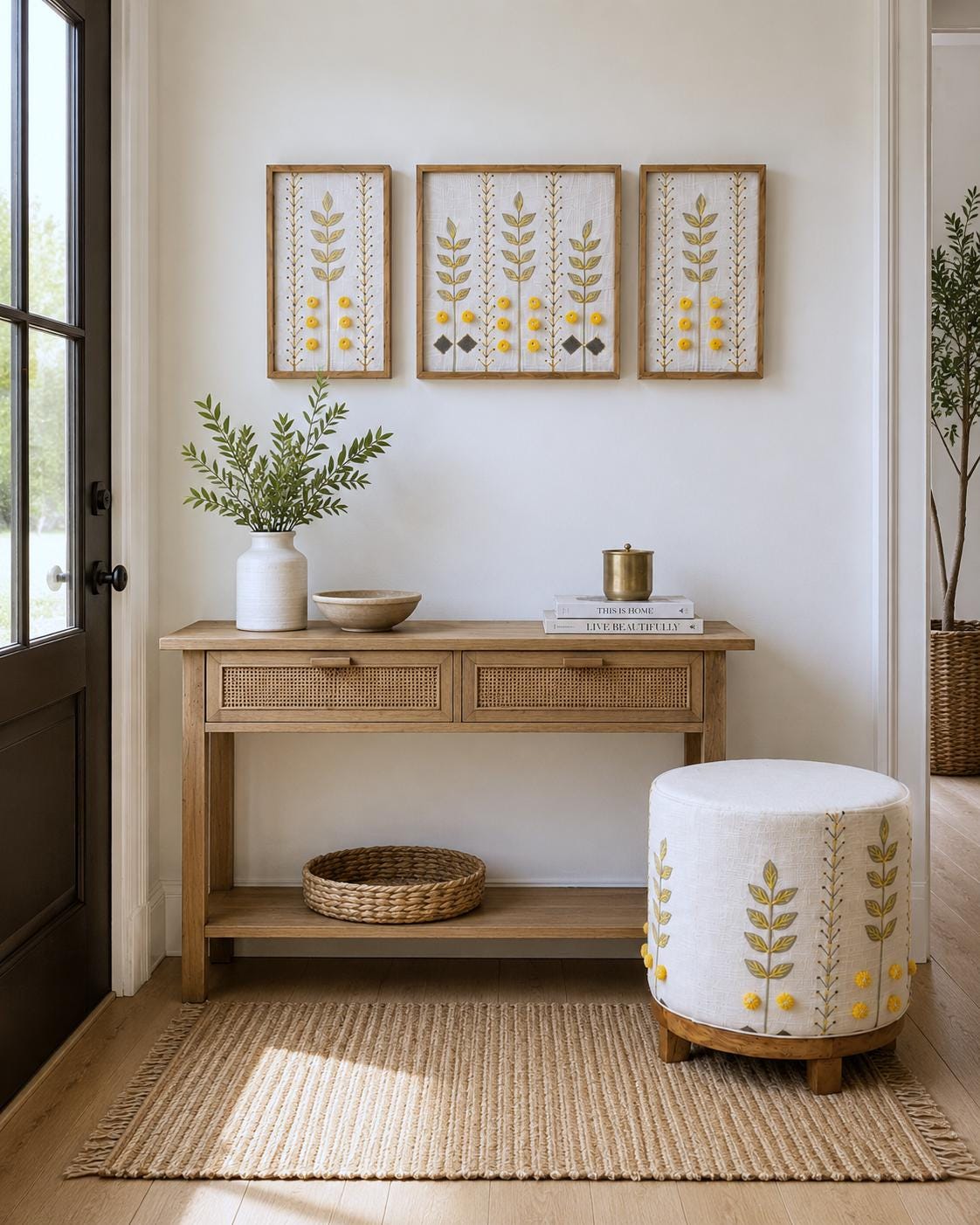 Set of 3 Botanical Embroidered Wall Art, Textured Pom-Pom Fiber Art, Boho Rustic Decor