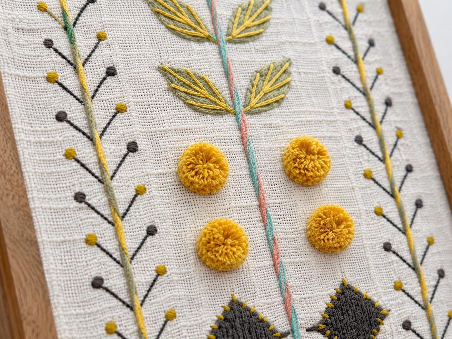 Set of 3 Botanical Embroidered Wall Art, Textured Pom-Pom Fiber Art, Boho Rustic Decor