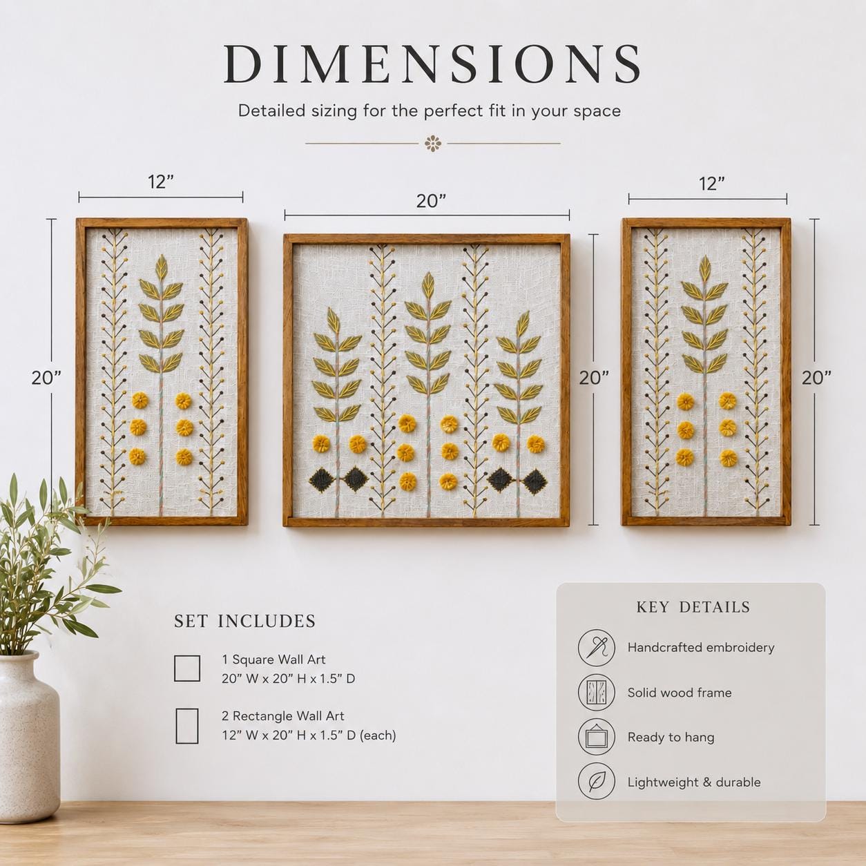 Set of 3 Botanical Embroidered Wall Art, Textured Pom-Pom Fiber Art, Boho Rustic Decor